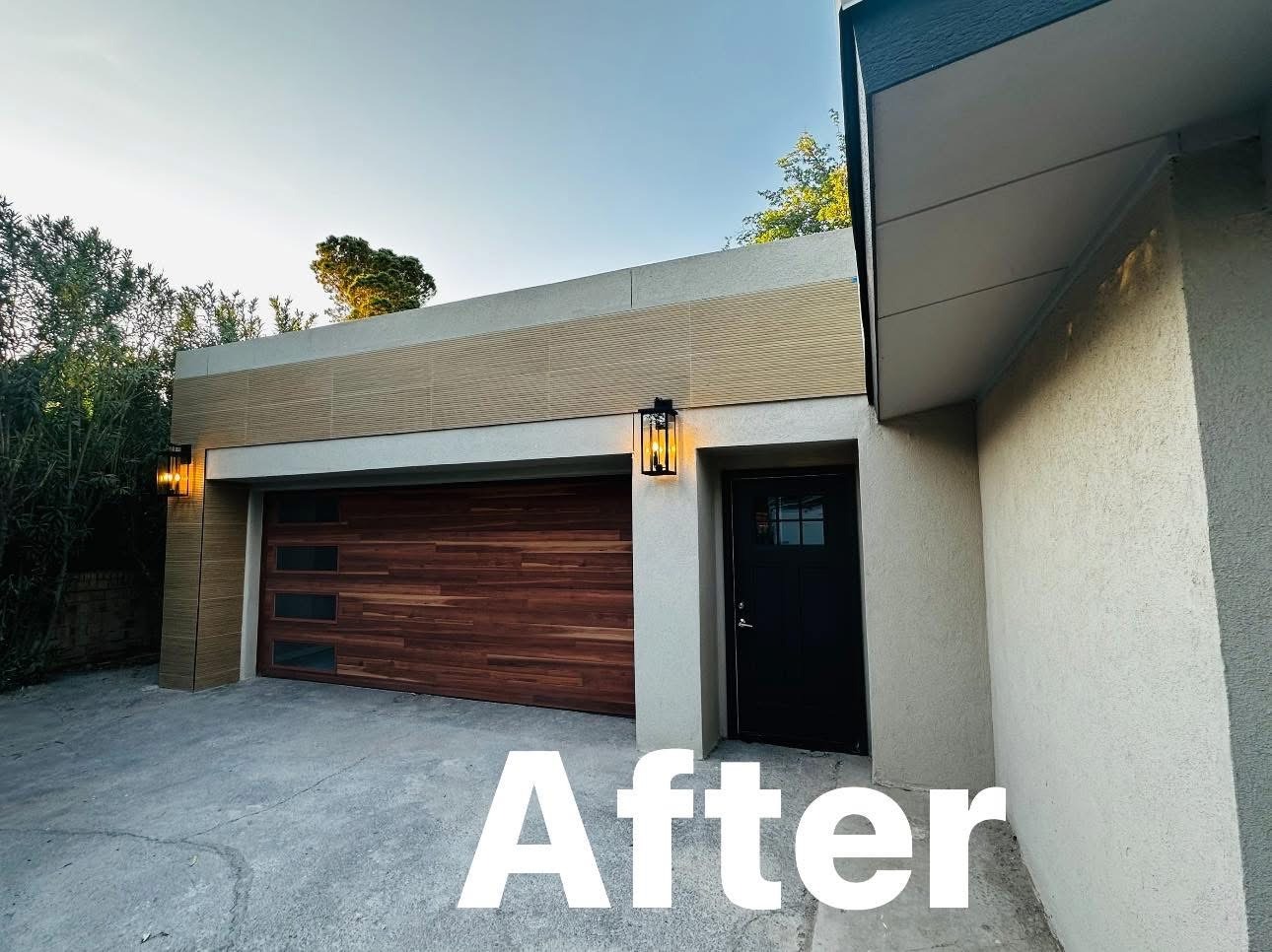New wood-look garage door and modern entry on an El Paso home exterior