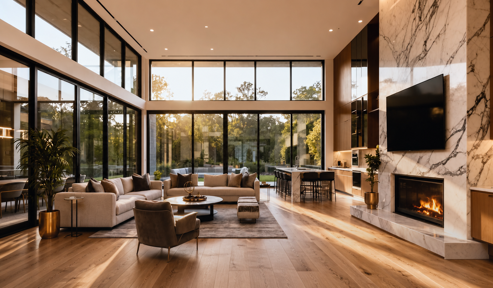 Great room remodel with floor-to-ceiling windows and marble fireplace in Sunland Park