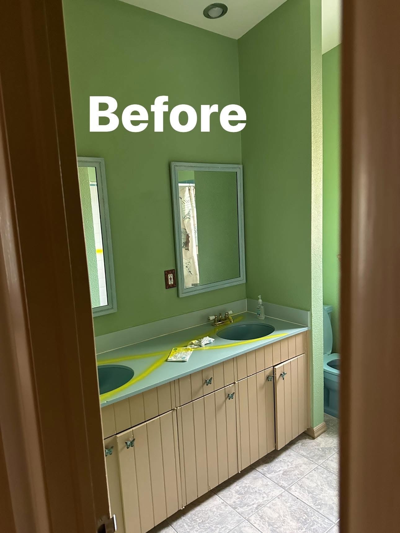 Before: dated bathroom with green walls and original vanity in Northeast El Paso